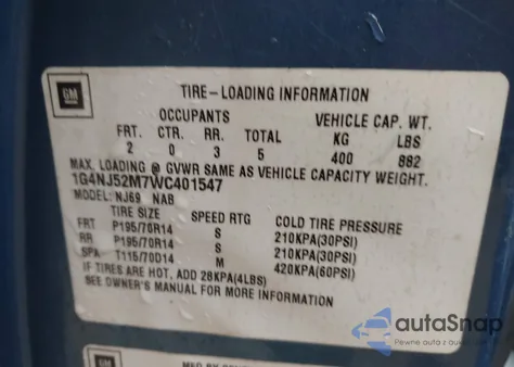 1998 Buick Skylark Custom z USA, uszkodzony, nr VIN 1G4NJ52M7WC401547